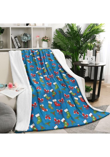 Noel Desenli 50x60 İnç Polar Battaniye, Yumuşak, Hafif Ve Kalın, Erkek, Kadın Ve Çocuk İçin Noel Çorap Kurdele