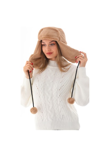 Kadın Sütlu Kahve Kürklü Kulaklıklı Peluş Şapka Sütlü Kahverengi