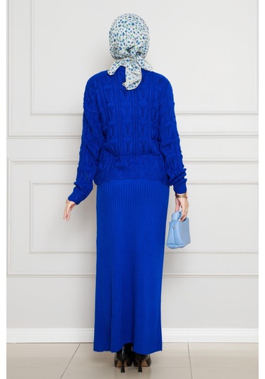 Dantel İşlemeli Jileli Triko Takım-saks Mavi-4433 Saks Mavi