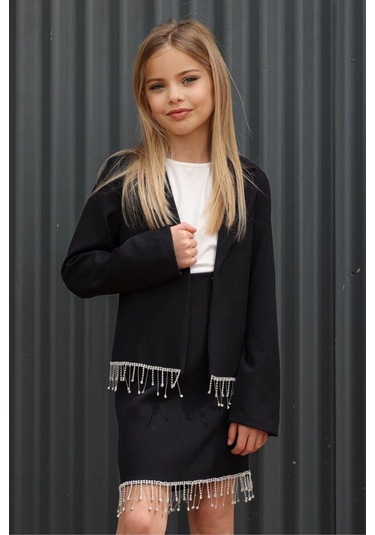 Riccotarz Kız Çocuk Dökümlü Kristal Taş Detaylı Siyah Etekli Takım 001