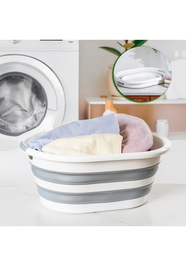 Porsima La-550 40lt Katlanabilir Silikon Çamaşır Sepeti Akordi... Beyaz - Gri