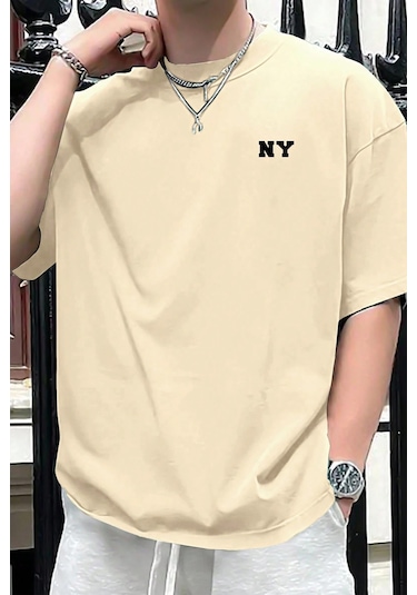 Erkek Ny Baskılı Oversize Tshirt Bej