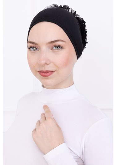 Fırfırlı Önden Dikişli Penye Bone - Kadın Tesettür Bağlamalı Topuz İç Bone-siyah Siyah