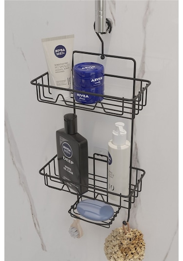 Suntel 2 Katlı Siyah Askılı Duş Rafı Siyah