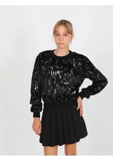 Kız Çocuk Peluş Işıltılı Kazak-14813 Siyah