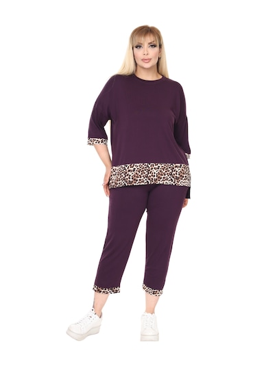 Melsay Butik Mor Leopar Şeritli Büyük Beden Kadın Kapri Takımı Mor