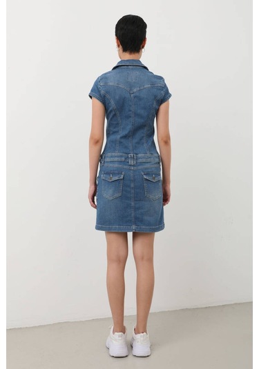 Fermuarlı Cepli Kadın Jean Elbise Mavi