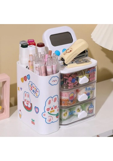 Fosenze 14x10x12 Cm Derin Nicheli, Raf Ve 3 Kaydırmalı Çekmeceli Masaüstü Organizer - Ofis, Ev İçin Kaliteli Stok Ve Aksesuar Saklama Kutusu Beyaz