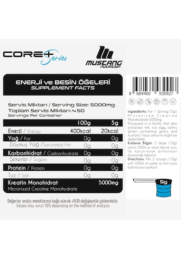 Mustang Nutrition Core+ Pure Creatine Monohydrate Powder Kreatin 250 Gr 50 Servis + Shaker + Protein Kahve Hediyeli Aromasız