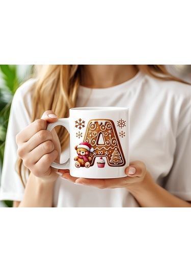 A Kurabiye Harf Ve Ayıcık Detaylı Kupa Bardak - Yeni Yıl / Yılbaşı Temalı Tasarım - Noel Hediye Beyaz