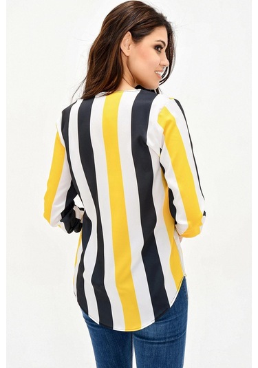 Kadın Siyah & Sarı Yakası Yırtmaçlı Çizgili Krep Bluz Truvakar Kol Kaliteli Dokulu Kumaş Siyah - Sarı