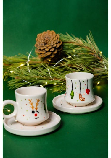 2 Li Takım Yılbaşı Geyikli , El Yapımı Kazan Seramik Kahve Fincanı, Kahve Fincanı, Hand Made Beyaz