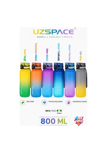 Uzspace 2'li Tritan Matara Seti 800 Ml Çift Renk Softtouch Ff Collection Tritan Su Matarası Maviturkuaz-turuncumavi