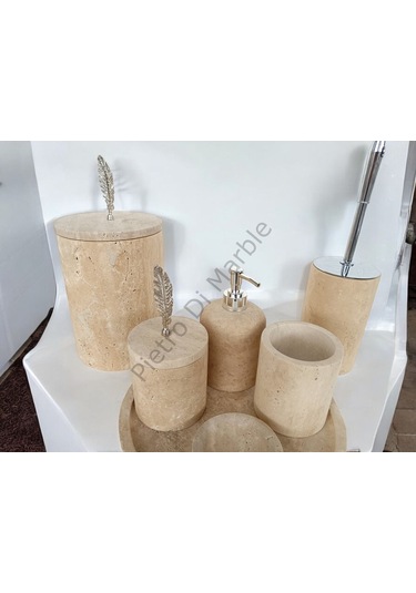 Sarı Traverten Klasik Model 7 Parça Gümüş Renk Kuş Tüyü Aksesuarlı Banyo Seti Sarı Traverten