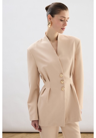 Sateen Gold Düğmeli Uzun Ceket - Bej-136771 Bej