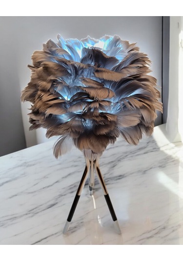 Tüylü Dekoratif Tripotlu 3'lü Ayaklı Abajur - Gri Gri