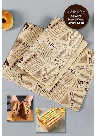 Kendinden Desenli Yağlı Kağıt Vintage Gazete Desen Sunum Kağıdı 50 Adet