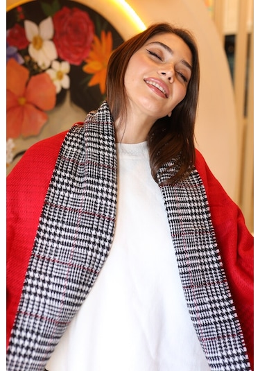 Çift Taraflı Kazayağı Desenli Atkı Omuz Şalı 70x185 CM 1212 Kırmızı