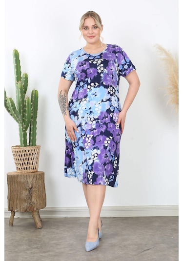 Kadın Mavi Mor Kırçiçeği Desen Midi Elbise Mavi