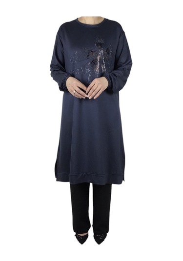 Kadın Önü Desenli Kristal İki İplik Büyük Beden Tunik Gri