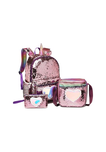 3 Adet/takım Sequins Unicorn Sırt Çantası Moda Kız Glitter Okul Açık Vizon