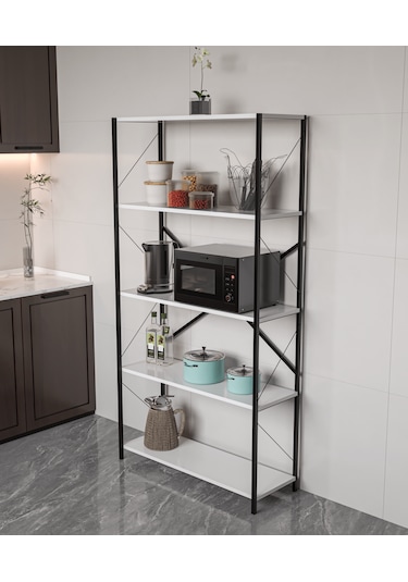Metal Kitaplık 5 Raflı Ev Ofis Rafı Dosya Kitap Mutfak Rafı Çok Amaçlı Geniş Raflı 180cm Beyaz