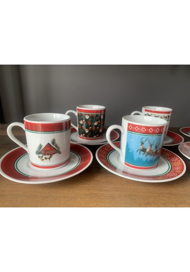 Yeni Yıl-noel Karışık Model 12 Parça 6 Kişilik Porselen Türk Kahvesi Fincan Takımı Çok Renkli