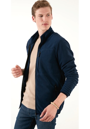 Buratti Slim Fit Fermuarlı Cepli Dik Yaka Polar Erkek Hırka 5906028 Lacivert