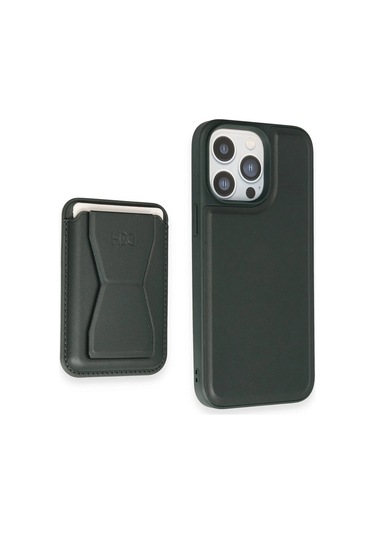İphone 14 Pro Kılıf Hd Deri Luxury Magnet Kartvizitli Kapak - Koyu Yeşil