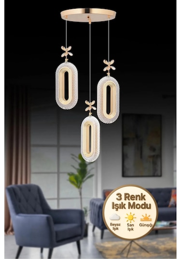 Led Alfa 3'li Gold 3 Renk Ledli Kristal Taşlı Modern Led Avize Gold