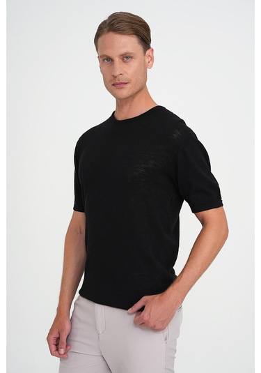 Comfort Fit Bisiklet Yaka Kısa Kol Spor Siyah Triko Tr 881 Siyah