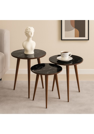 Madrid 3'lü Zigon Sehpa %100 Mdf Yuvarlak Siyah Mermer Desen