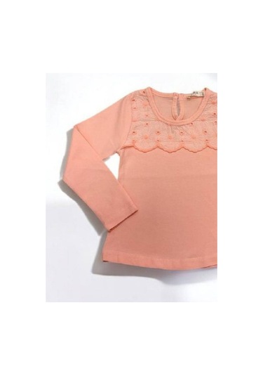 Kız Çocuk Çiçek Detaylı Pamuklu İnce Uzun Kollu Bluz-14829 Pembe
