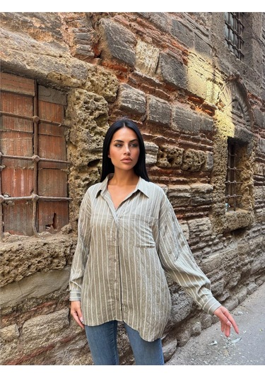 Haki Çizgili Oversize Keten Gömlek Haki