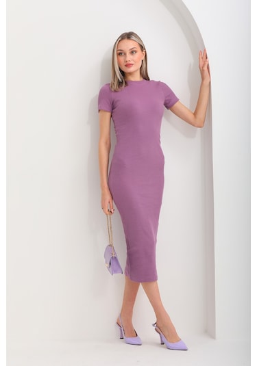 Mor Kısa Kollu Diz Altı Fitilli Esnek Kalem Elbise - 130 Cm