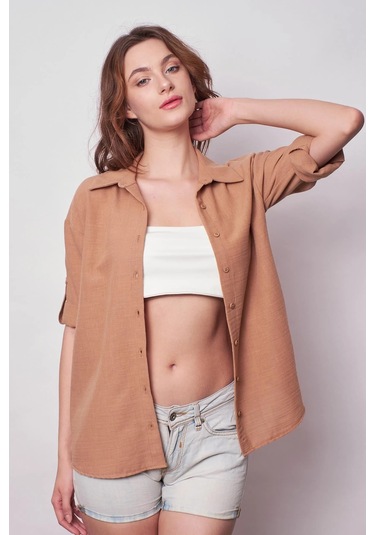 Kadın Keten Düşük Omuzlu Yakalı Kapri Kol Apoletli Gömlek -camel CAMEL