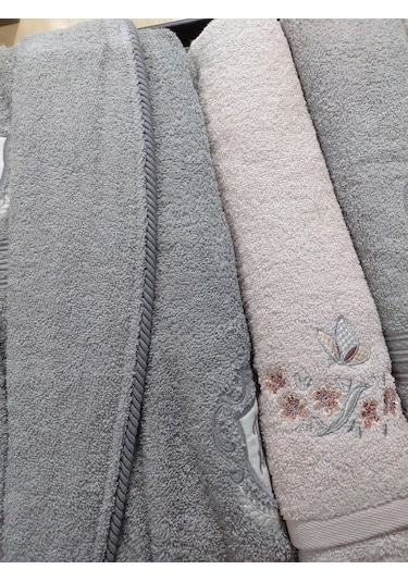 Dantela Premium Soft Nakışlı Aile Bornoz Seti-Yade Pudra Gri Gri - Pudra