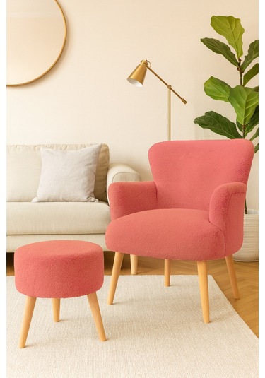 Roma Berjer + Puf Set - Welsoft Yumuşak Kumaş - Ahşap Ayak - Somon Somon