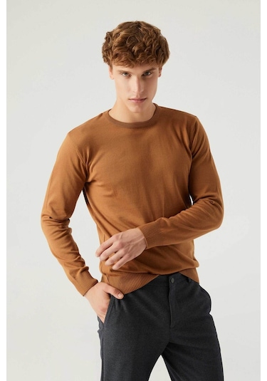 Regular Fit Camel Tüylenme Yapmayan Bisiklet Yaka Triko Kazak Camel