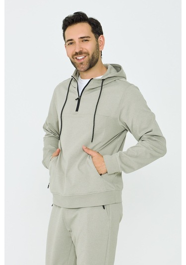 White Stone Açık Yeşil Kapüşonlu Yarım Fermuarlı Yandan Cepli Erkek Sweatshirt Khaık
