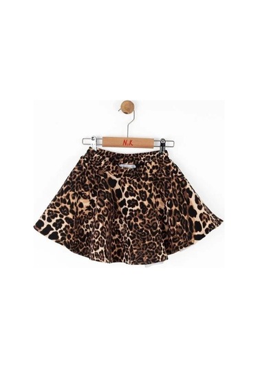 Kız Çocuk Beli Lastikli Tütü Leopar Desenli Kloş Etek-14742 Kahverengi