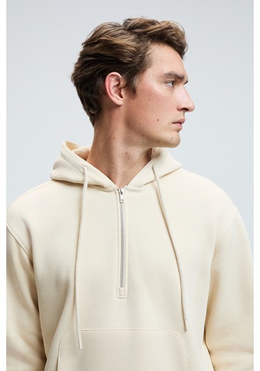 JUSTUS Erkek Kapüşonlu Kanguru Cepli Fermuar Yakalı Krem Sweatshirt