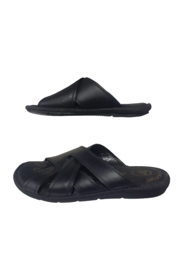 Hınıs Erkek Siyah Yumuşak Deri Dar Kalıp Günlük Şık Terlik Siyah