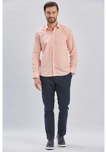 Pudra Uzun Kollu Bez Ayağı Sert Yaka Cepsiz Klasik Slim Fit Dar Kesim Gömlek 1004240230-pudra Pudra