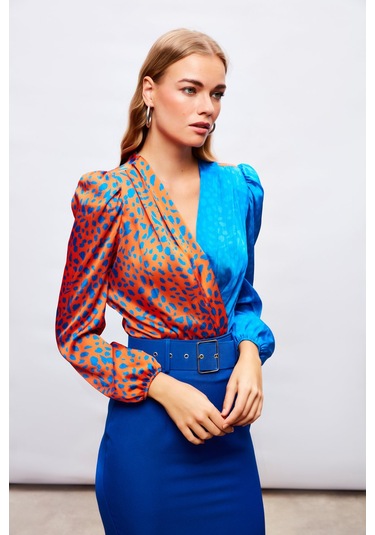 Sateen Kruvaze Desenli Bodysuit - Oranj-sax Mavi