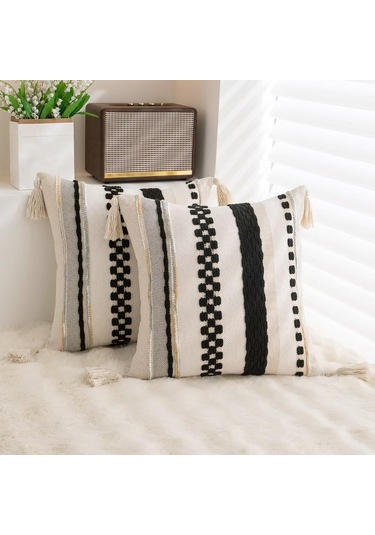 Vkemall 2'li Bohem Desenli Yorgan Kılıfı 18x18 İnç, Siyah, Çift Taraflı, Gizli Fermuar, El Yapımı Tassel, Koltuk Yastık Kılıfı Siyah