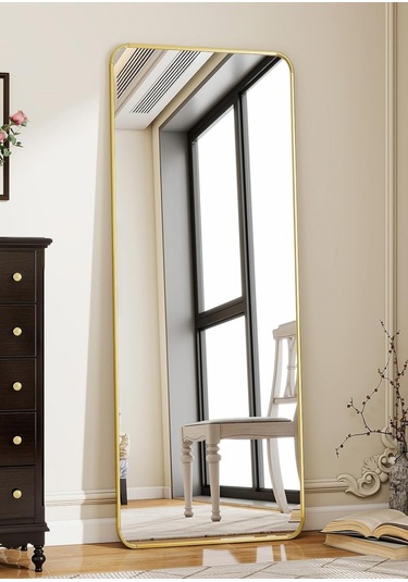 Pera 140x55 Yuvarlak Köşeli Yer Aynası Ayaklı, Asılı, Duvara Yaslı, Yatak Odası, Giyinme Odası Gold