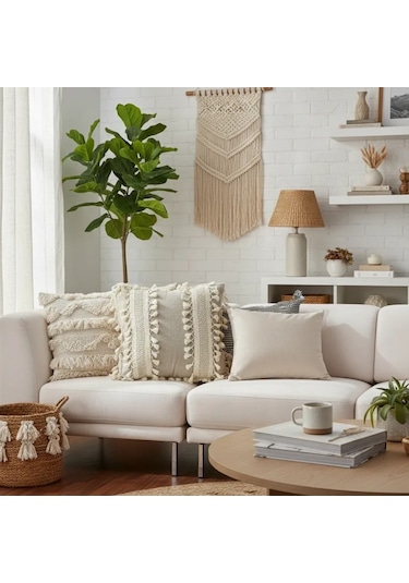 Bej Keten Kalın Dantel Ponponlu Kırlent 2 Adet Kırlent Kılıfı 43 X 43