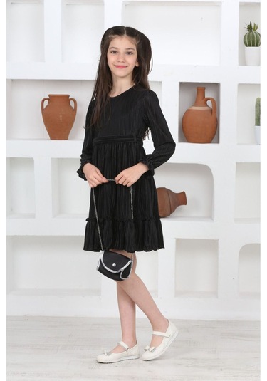 Kız Çocuk Örme Saten Çanta Detaylı Pliseli Astarlı Elbise Siyah