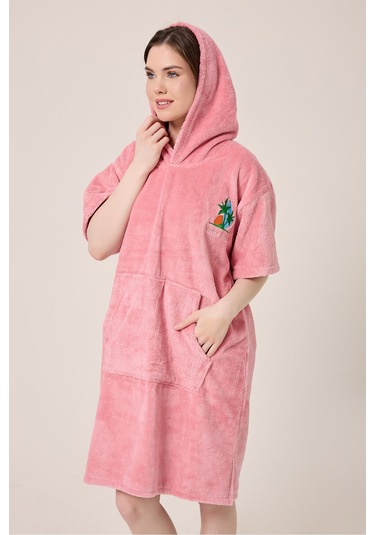 Palmiye Sörf Nakışlı Yetişkin Sörf Yazlık Panço Kapüşonlu Plaj Havlusu Gül Gül